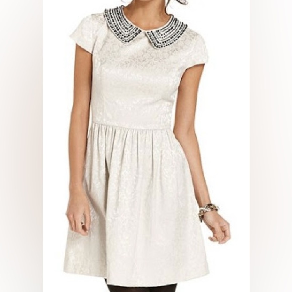 Kensie Peter Pan Beaded Collar Dress Laced Pattern Cream Size Small‎